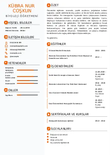 Biyoloji Öğretmeni CV Örnekleri cv indir
